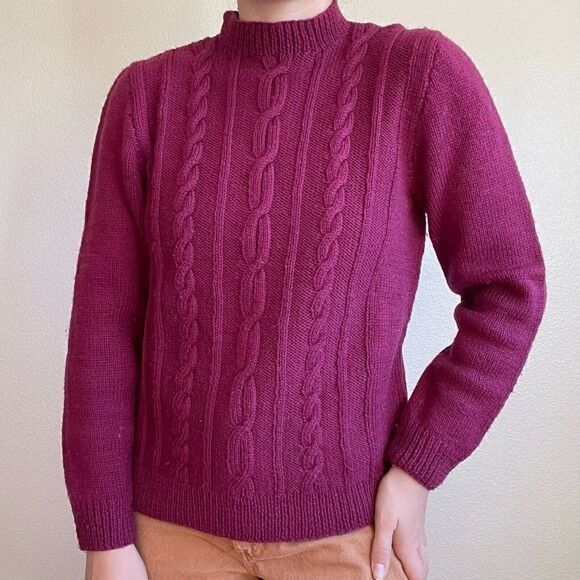Hand Knit Maroon Red Cable 100% Wool Chunky Knit Mockneck Sweater Sz M - Picture 1 of 6